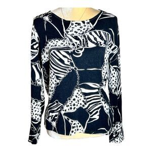 Pierri New York Knit Pullover Blouse Top Sz L B/W Print Long Sleeves Front Bling